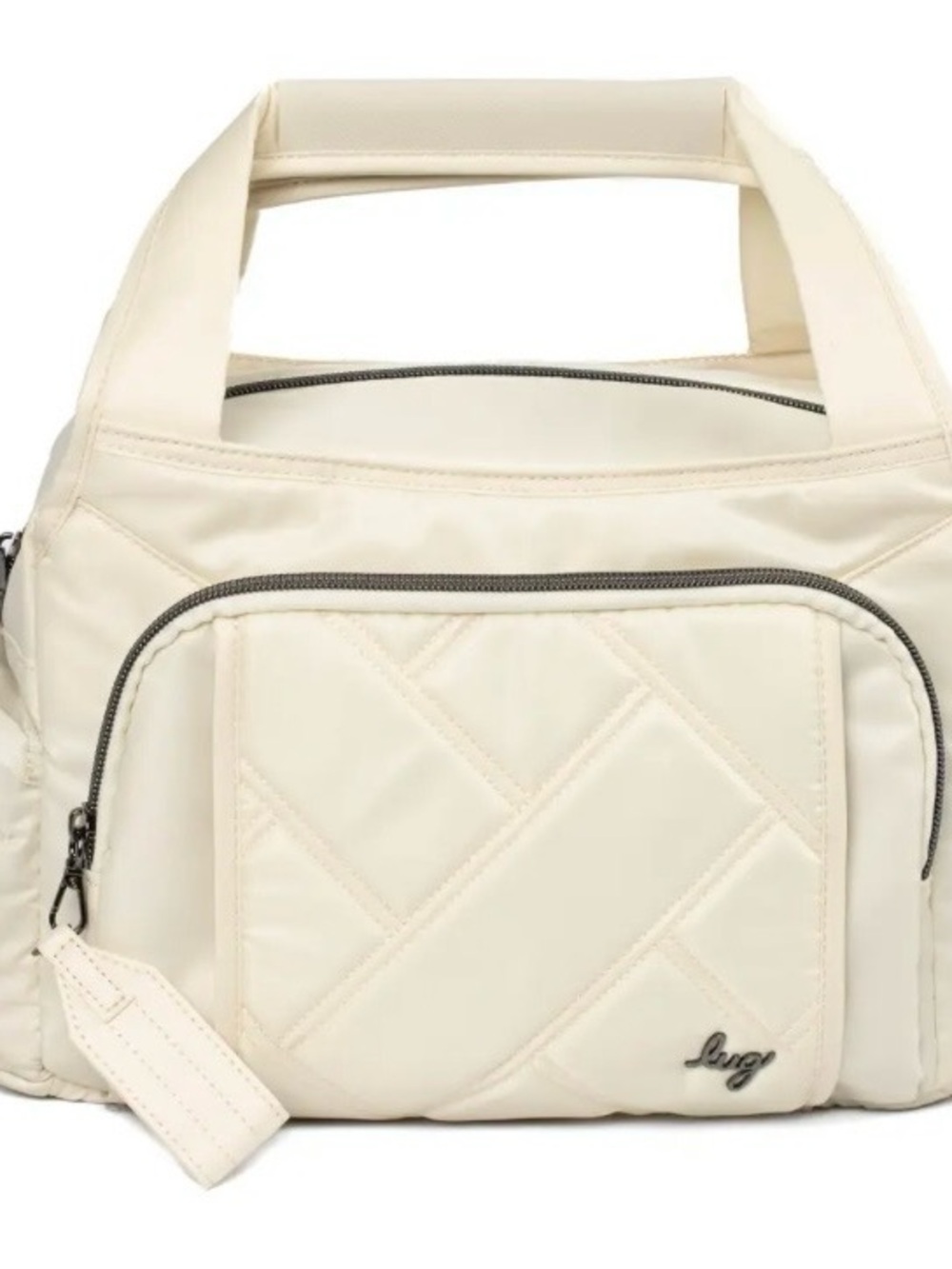 lug Rumble Quilted Cream Satchel with Front Zip Pocket, Top Handles, & strap